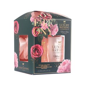 Set pentru cadou Glamorous Glow Velvet Rose & Peony: Gel de dus, 100 ml + Lotiune corp, 100 ml + Burete exfoliant