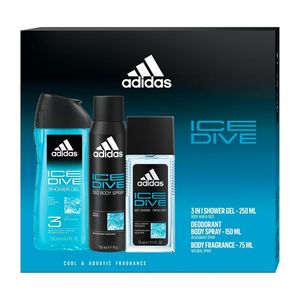 Set pentru cadou Adidas Ice Dive: Deodorant Natural Spray, 75 ml + Deodorant Body Spray, 150 ml + Gel de dus , 250 ml