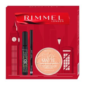 Set pentru cadou Rimmel London: Mascara Extra 3D Lash Black, 8 ml + Pudra Stay Matte Transparent, 15 g + Creion Soft Kohl, negru