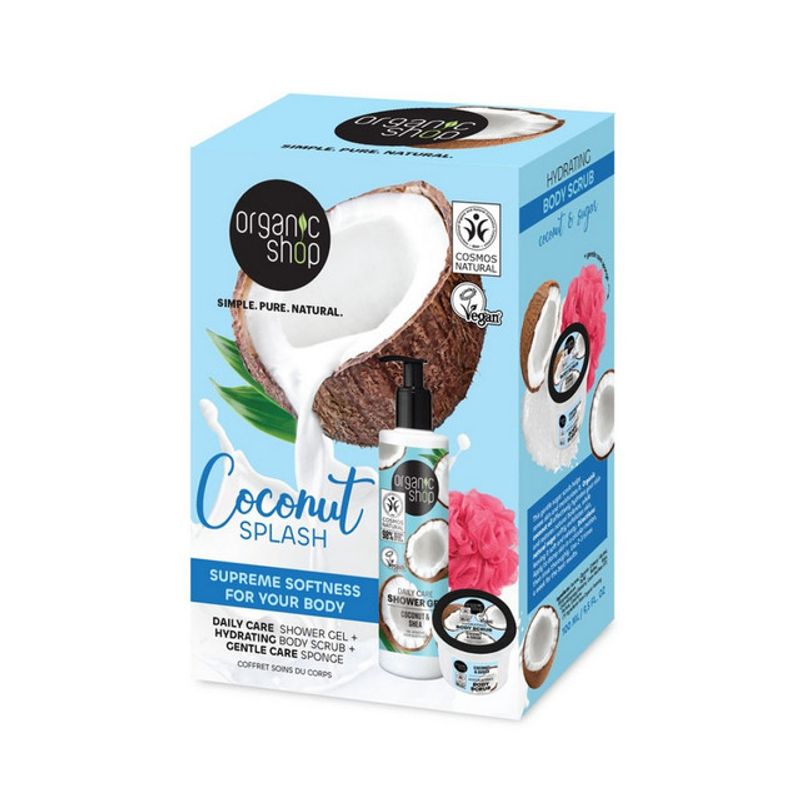 set-pentru-cadou-organic-shop-coconut-splash-gel-de-dus-280-ml--scrub-de-corp-100-ml-burete