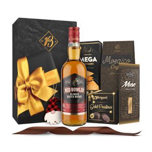 Cos pentru cadou Black Tie, whisky, cafea si selectie de dulciuri