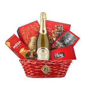 Cos pentru cadou Enjoy, vin spumant, panettone si dulciuri