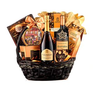 Cos pentru cadou Sparkling Edition, vin spumant, vin rosu, panettone, cafea si dulciuri