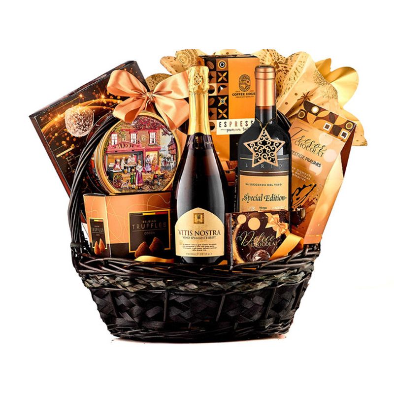 cos-pentru-cadou-sparkling-edition-vin-spumant-vin-rosu-panettone-cafea-si-dulciuri