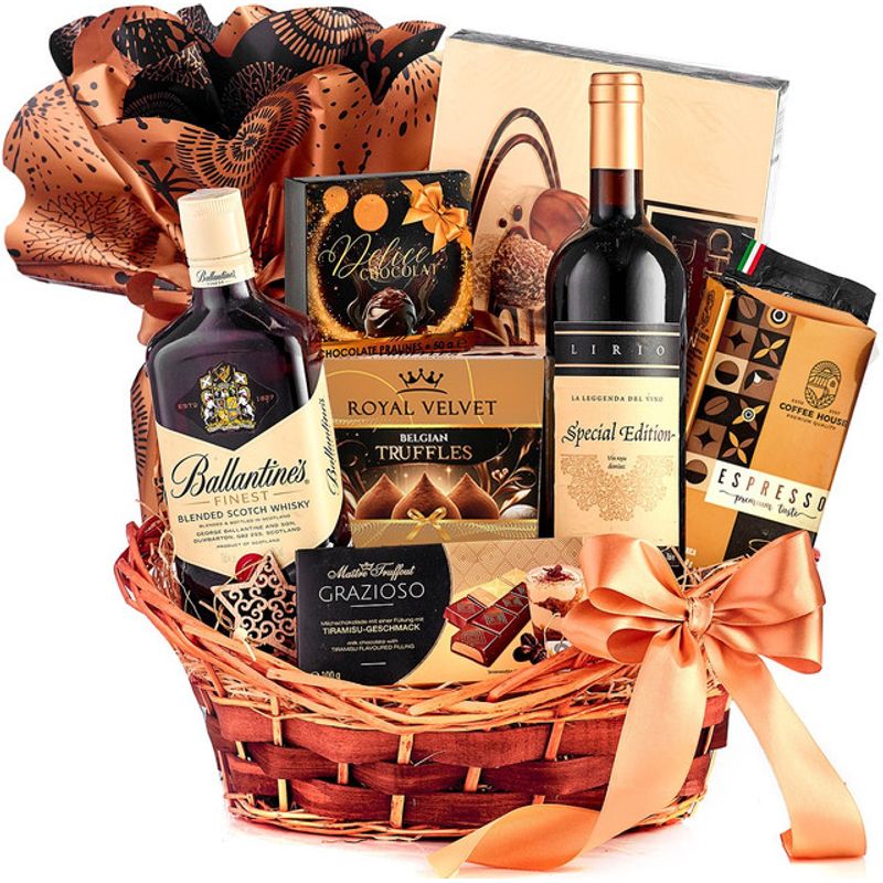 cos-pentru-cadou-finest-collection-whiskey-ballantine-s-vin-rosu-panetton-cafea-si-dulciuri