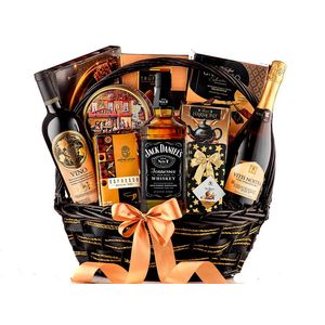 Cos pentru cadou Royal Selection, whiskey Jack Daniel's, vin rosu, vin spumant, cafea si dulciuri