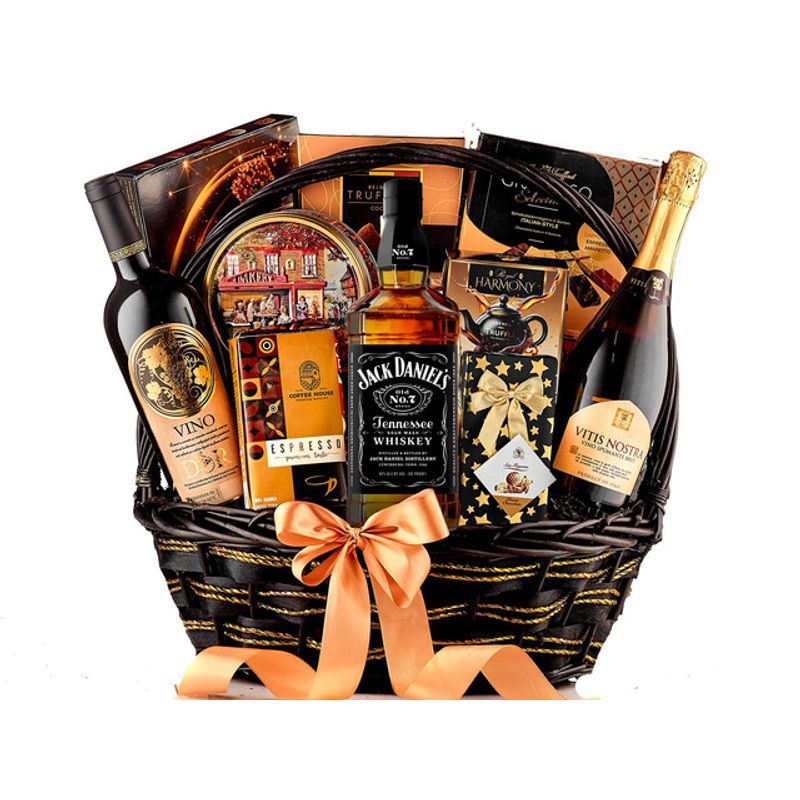 cos-pentru-cadou-royal-selection-whiskey-jack-daniel-s-vin-rosu-vin-spumant-cafea-si-dulciuri