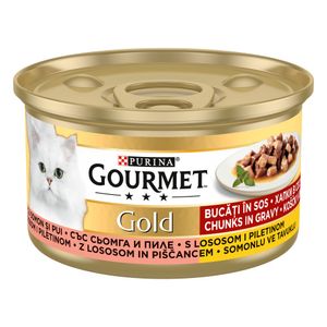 Hrana umeda pentru pisici Purina Gourmet Gold cu pui si somon in sos, 85 g