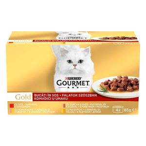 Hana umeda pentru pisici Purina Gourmet Gold, mix de carne, 4 x 85 g