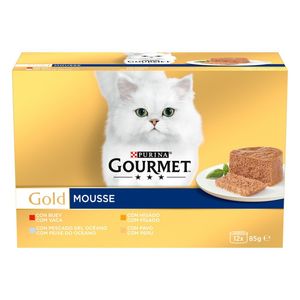 Hrana umeda pentru pisici adulte Purina Gourmet Gold Mousse cu vita, curcan, ficat si ton, conserva, 12 x 85 g