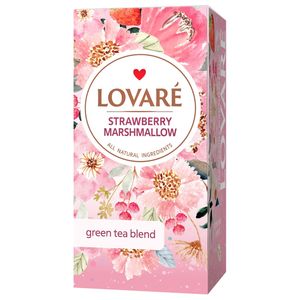 Amestec de ceai verde, fragute si petale de albastrele Lovare Strawberry Marshmallow, 24 pliculete