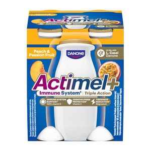 Iaurt de baut Actimel, cu piersica si fructul pasiunii, 4 x 100 g