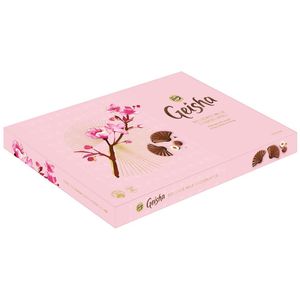 Praline de ciocolata cu lapte si umplutura de nuga cu alune de padure Fazer Geisha, 185 g