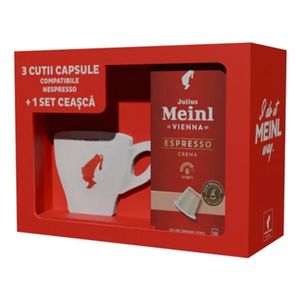 Pachet capsule cafea Julius Meinl Espresso Crema, compatibile Nespresso, 30 capsule + set ceasca cu farfurie