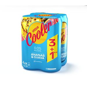 Bere blonda fara alcool Ursus Cooler cu aroma de ananas si guava, doza, 3+1 x 0.5 l