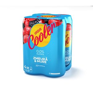 Bere blonda fara alcool Ursus Cooler cu aroma de zmeura si mure, doza, 4 x 0.5 l