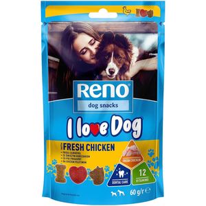 Recompense pentru caini adulti Reno I love Dog, pui proaspat, 60 g