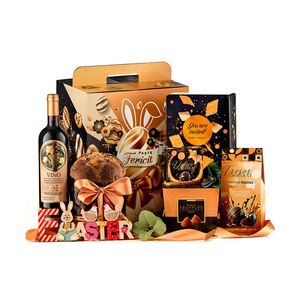 Cos pentru cadou Armonie de Paste, vin rosu Dor din Folclo, panettone si selectie dulciuri