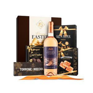 Cos pentru cadou Sigilium, vin sec rose Cuvee Domeniile Vinarte, praline, nuga si foietaj