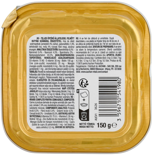 hrana-umeda-pentru-caini-seniori-auchan-pui-si-orez-150-g