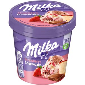 Inghetata cu aroma de cheescake si capsuni Milka Strawberry Cheescake, 425 ml
