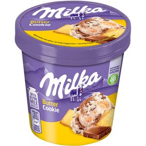 Inghetata de vanilie, biscuiti cu unt, mousse de ciocolata si bucati de ciocolata cu lapte Milka Butter Cookie, 425 ml