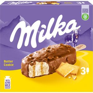 Inghetata de vanilie, biscuiti cu unt, mousse de ciocolata si bucati de ciocolata cu lapte Milka Butter Cookie, 3 bucati