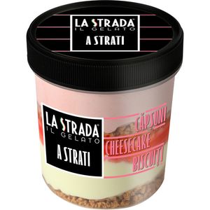 Inghetata cu aroma de cheesecake, capsuni si bucati de biscuiti La Strada A Strati, 473 ml