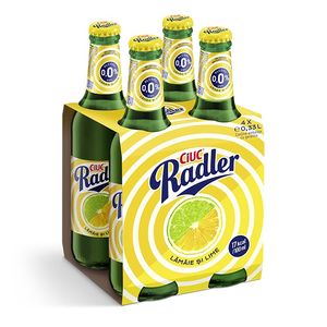 Bere blonda fara alcool cu aroma de lamaie si lime Ciuc Radler, sticla, 4 x 0.33 l