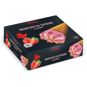 Pachet de inghetata la cornet cu aroma de capsuni Auchan, 6 x 65 g