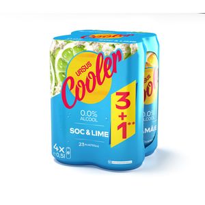 Bere blonda aromatizata fara alcool Ursus Cooler soc si lime, 3+1 x 0.5 l