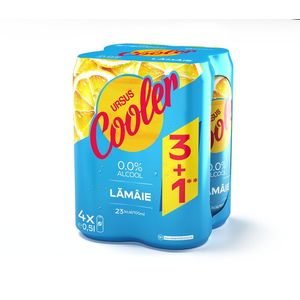 Bere blonda fara alcool cu aroma de lamaie Ursus Cooler, doza, 3+1 x 0.5 l