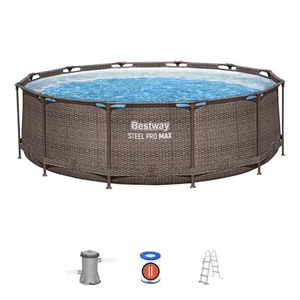 Piscina rotunda Bestway Steel Pro, cu pompa, cadru metalic, aspect ratan maro, 366 x 100 cm