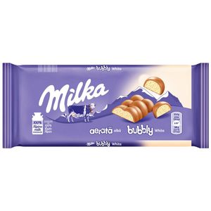 Ciocolata cu lapte alpin cu interior din ciocolata alba aerata Milka Bubbly White, 95 g