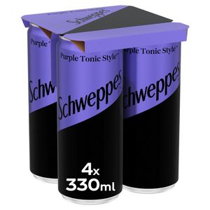 Bautura carbogazoasa cu gust floral si fructat Schweppes Purple Tonic, doza, 4 x 0.33 l