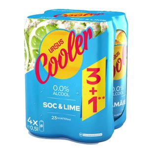 Bere blonda aromatizata fara alcool Ursus Cooler soc si lime, 3+1 x 0.5 l