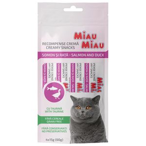 Recompense cremoase pentru pisici Miau Miau Creamy Snacks, somon si rata, 60 g