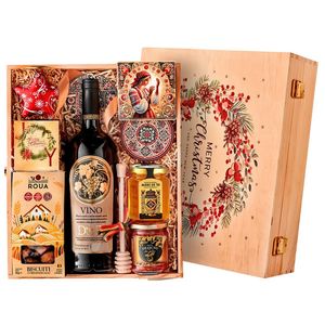 Cos pentru cadou Arome autentice, vin rosu, dulciuri, miere, dulceata si lumanare parfumata