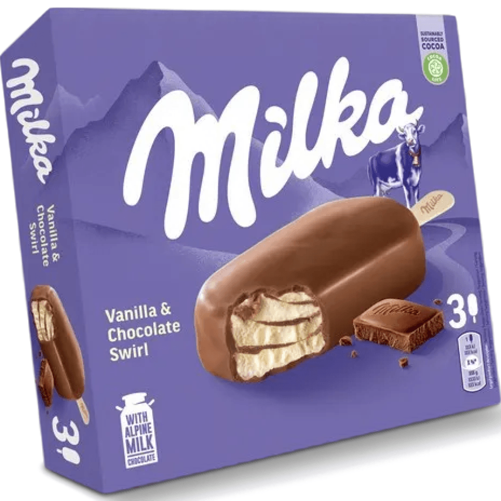 Inghetata pe bat cu vanilie si ciocolata Milka Vanilla & Chocolate Swirl, 270 ml