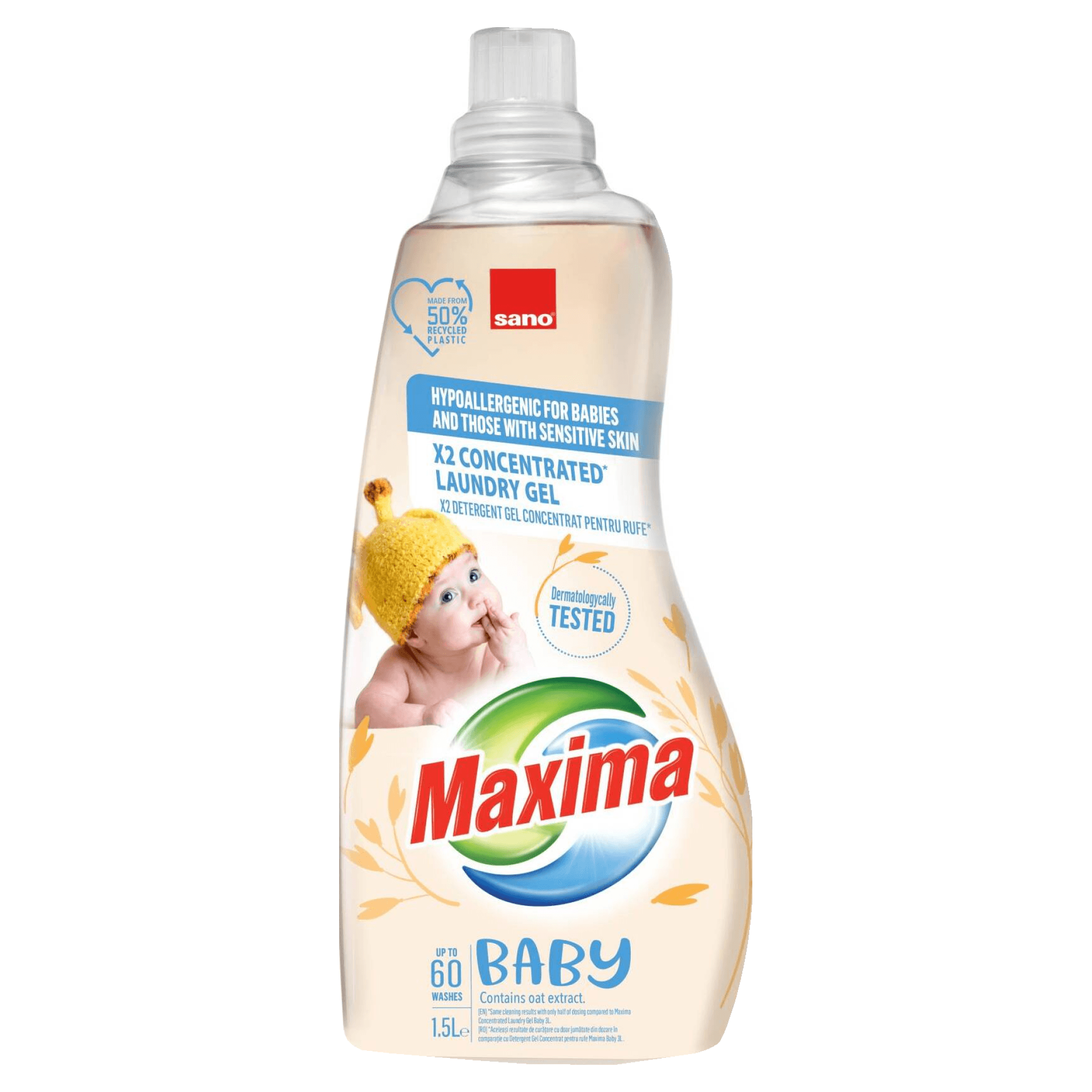 Detergent gel concentrat pentru rufe Sano Maxima Baby Oat, 60 spalari, 1.5 l