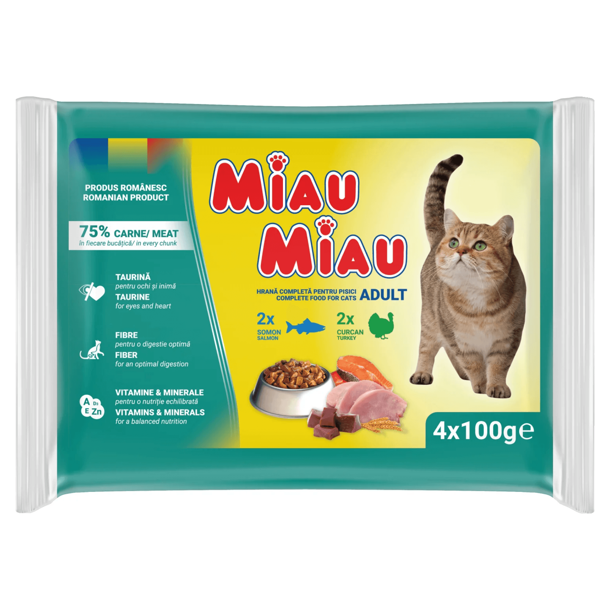 Hrana umeda pentru pisici Miau Miau cu curcan si somon, 4 x 100 g