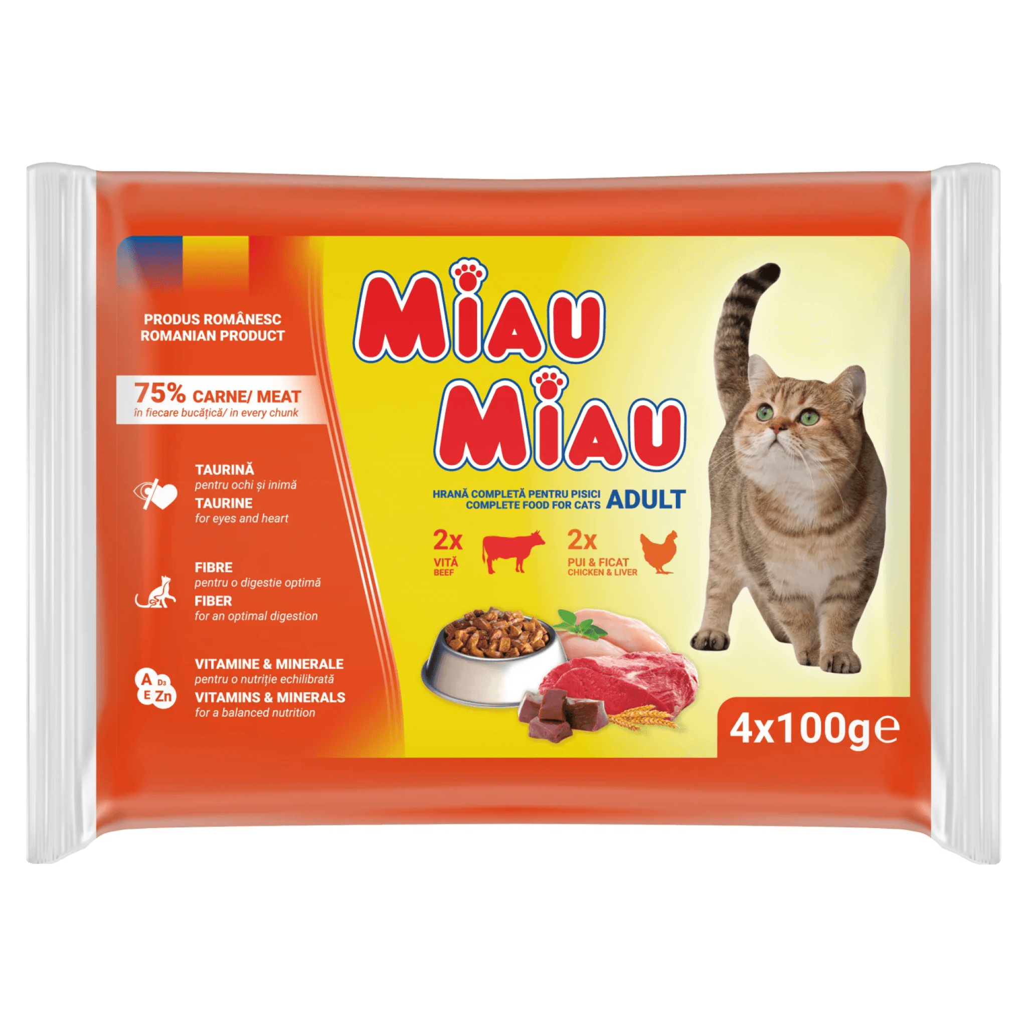 Hrana umeda pentru pisici Miau Miau cu pui, ficat si vita, 4 x 100 g