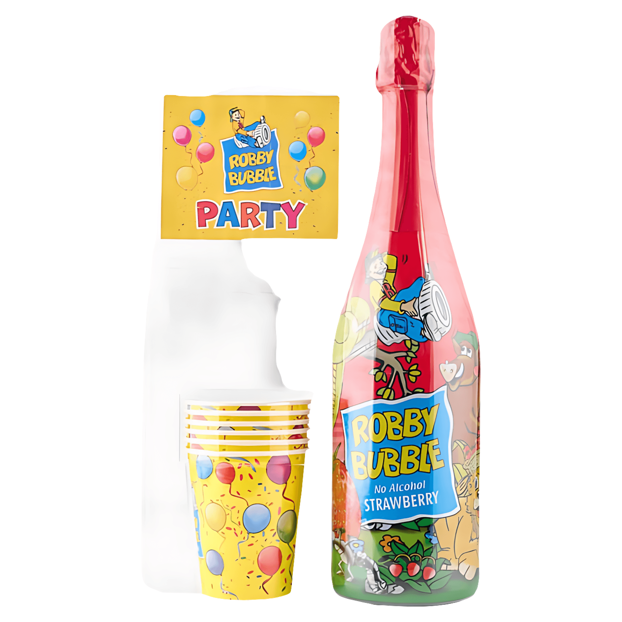 Bautura carbogazoasa cu aroma de capsuni Robby Bubble Party, 0.75 l + 6 pahare