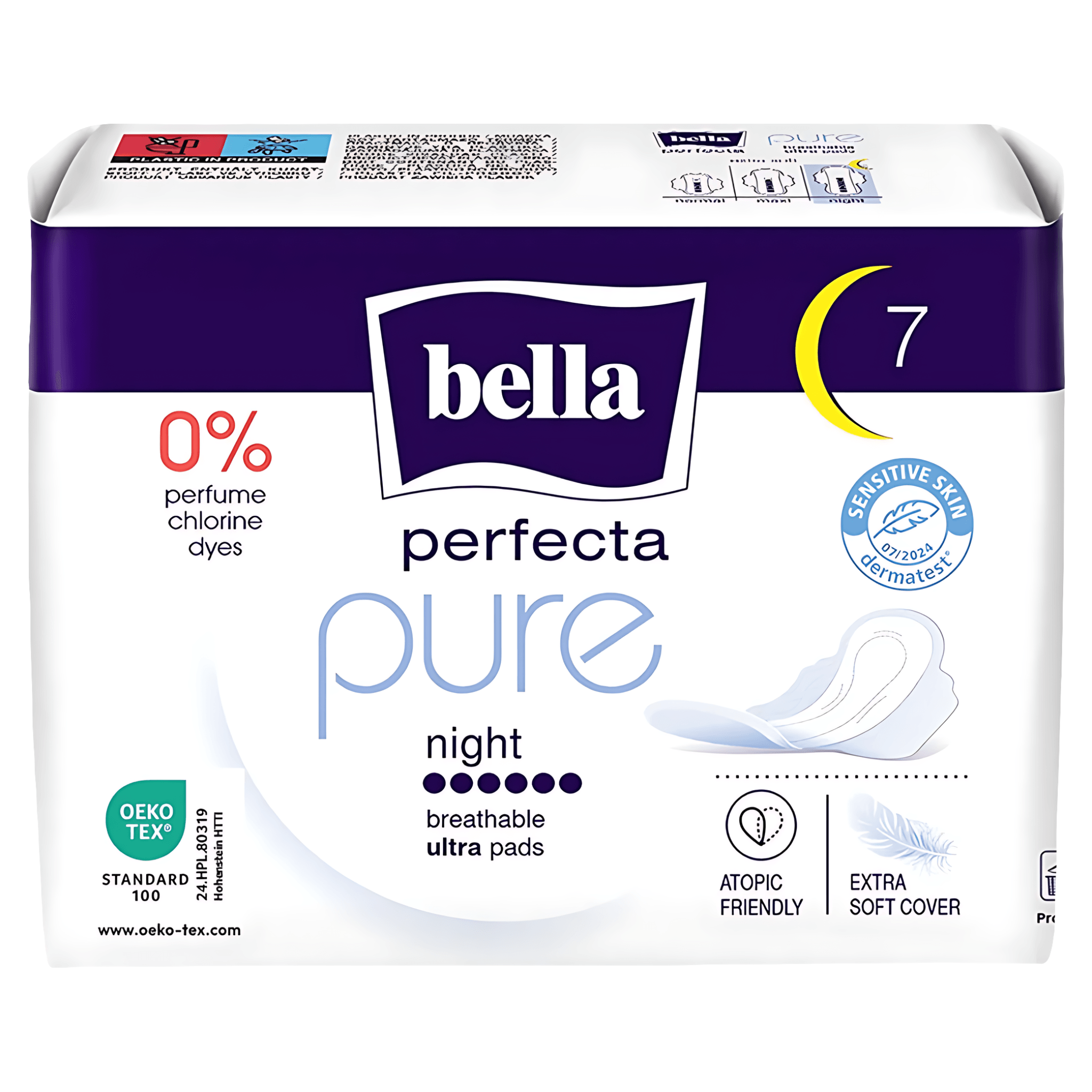 Absorbante Bella Perfecta Pure Night, fara parfum, coloranti si inalbitori, 7 bucati