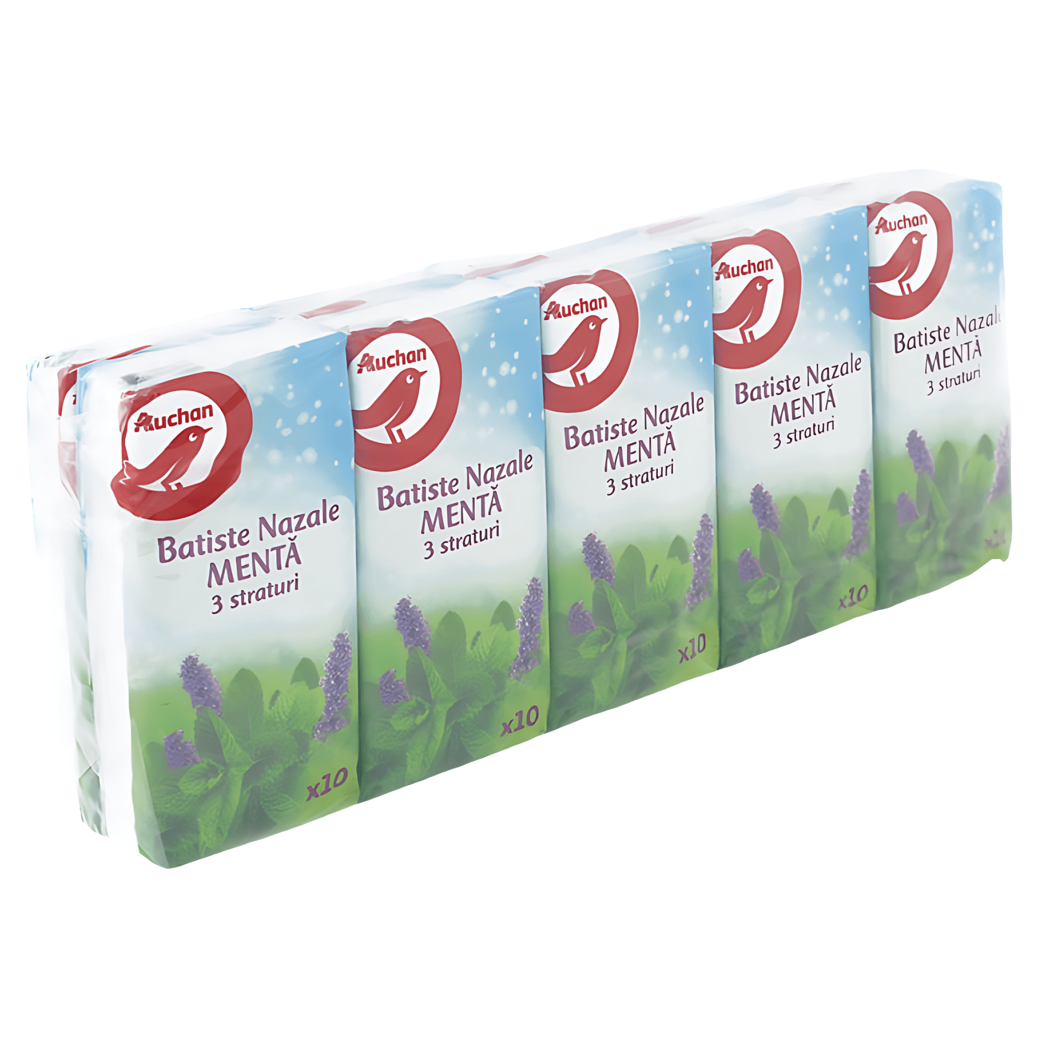Servetele nazale Auchan, parfum de menta, 3 straturi, 10 pachete