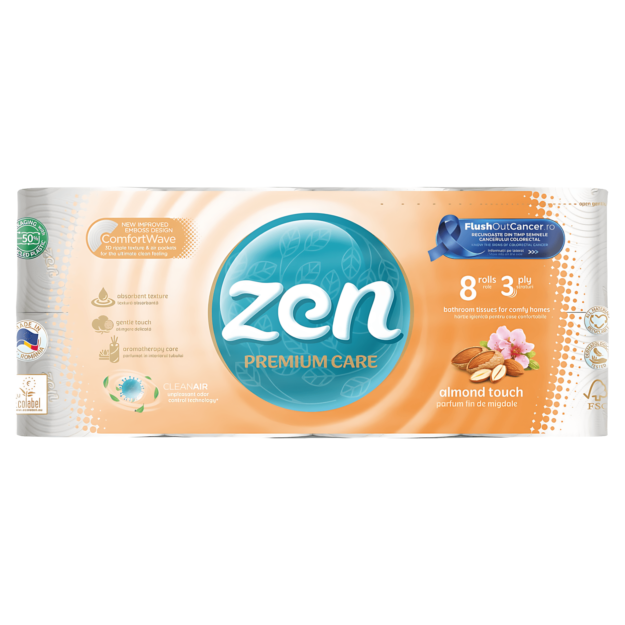 Hartie igienica Zen Premium Care Almond Touch, 8 role, 3 straturi