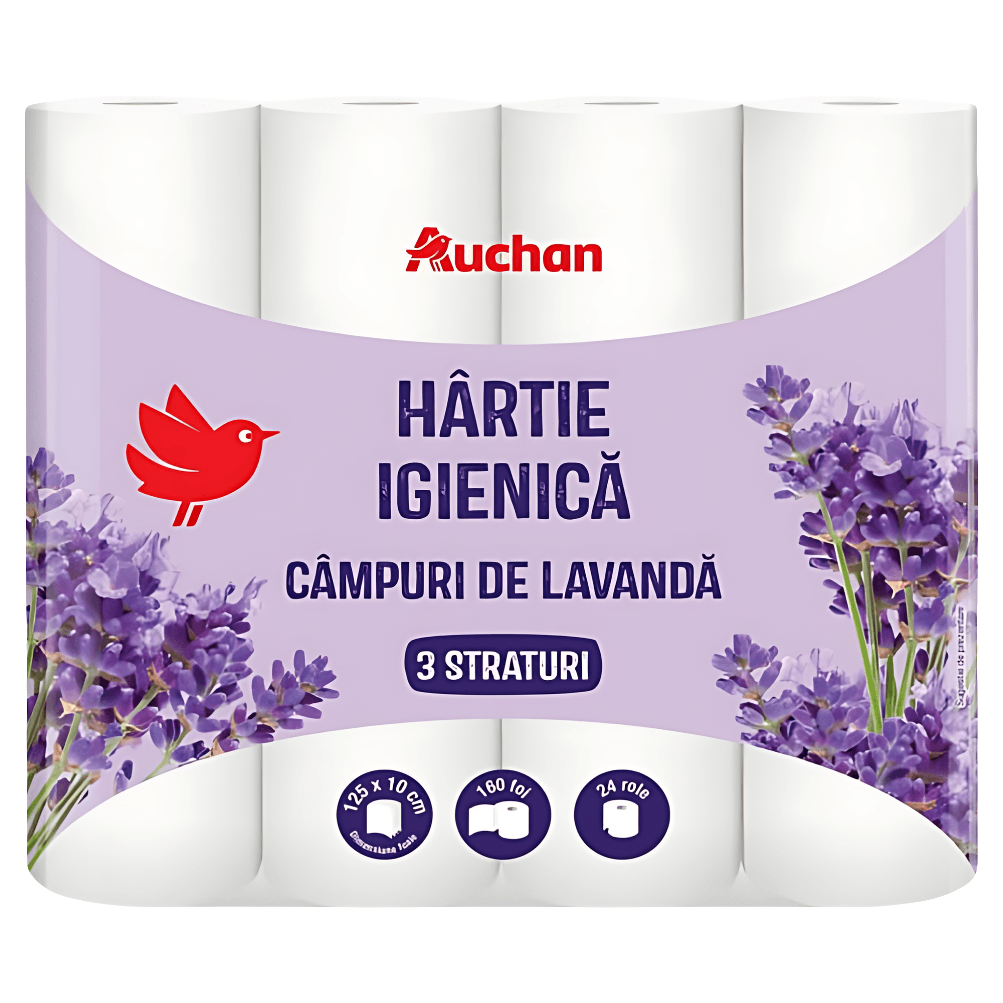 Hartie igienica Auchan cu parfum de lavanda, 24 role, 3 straturi