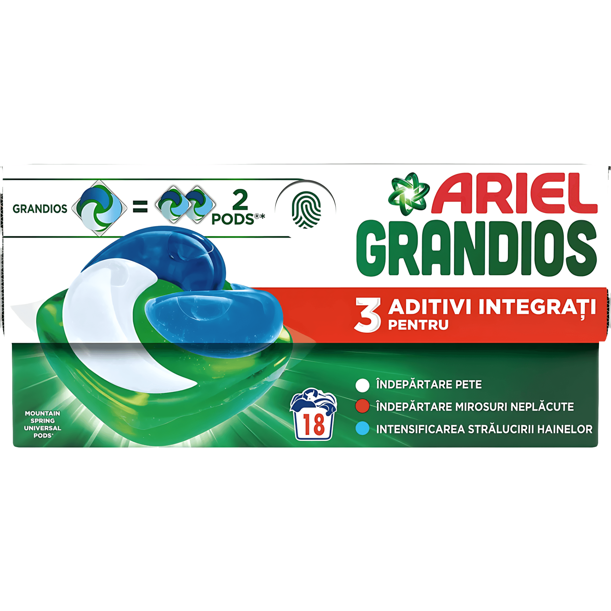 Detergent capsule pentru rufe Ariel Grandios Mountain Spring, 18 spalari