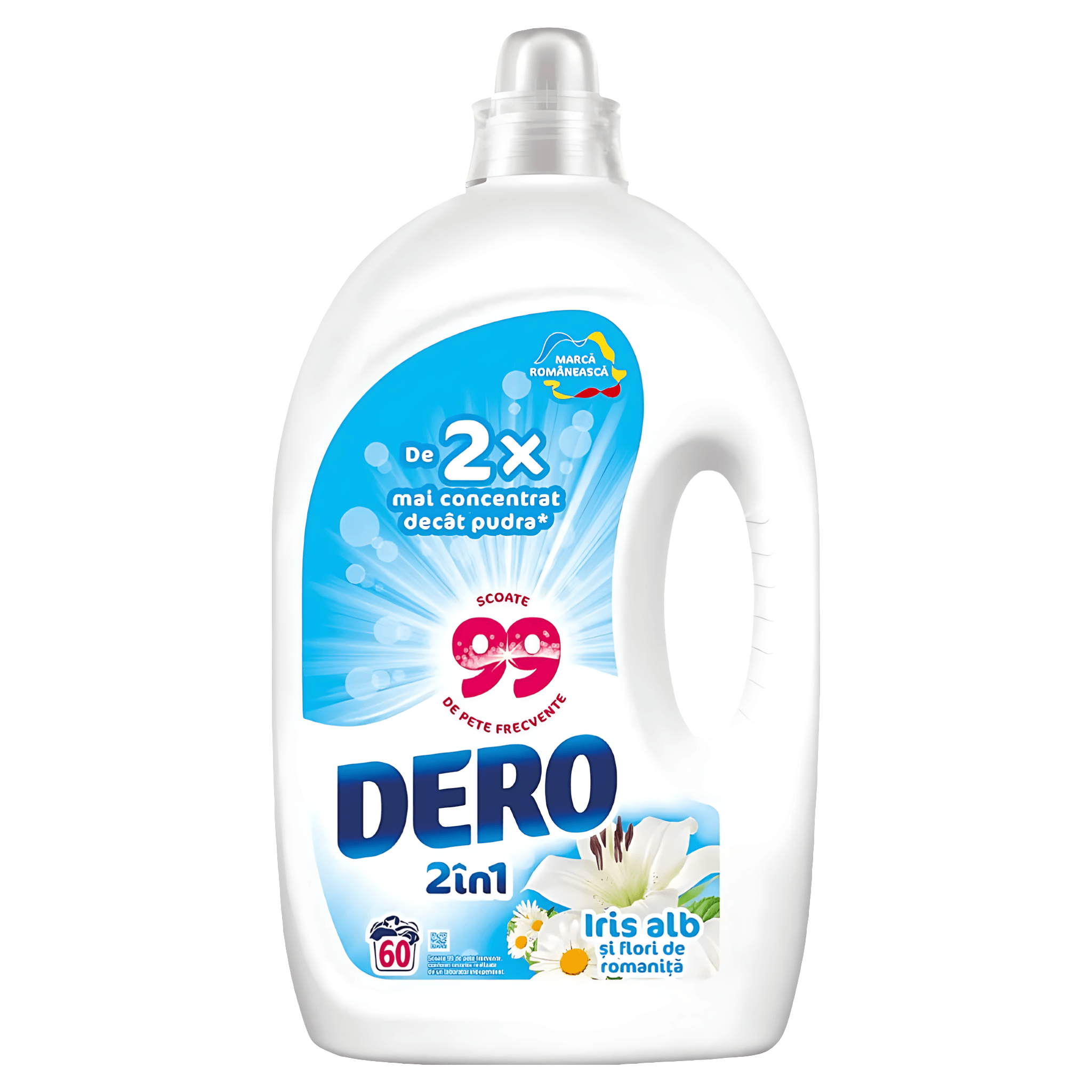 Detergent lichid de rufe automat cu iris alb si flori de romanita Dero 2in1, 60 spalari, 3 l