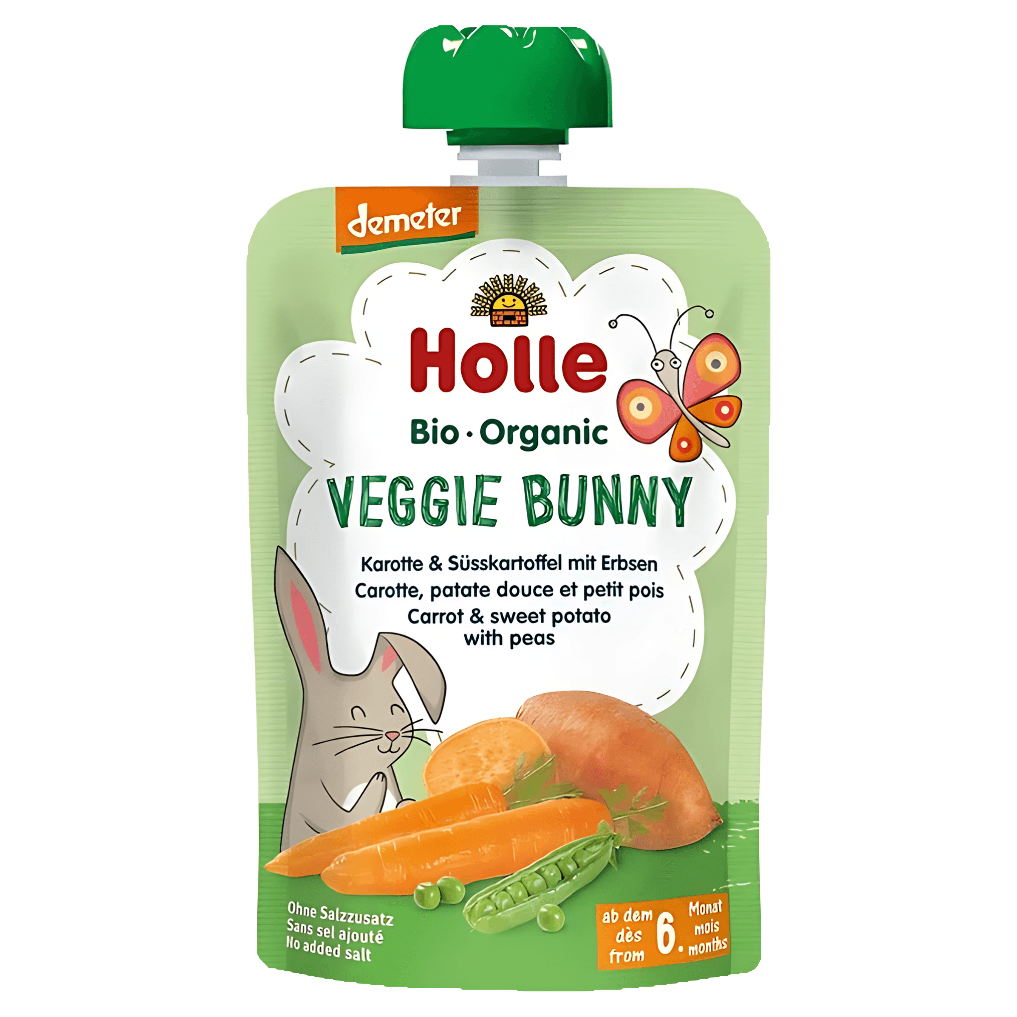 Piure de morcovi, cartofi dulci si mazare Veggie Bunny, de la 6 luni, 100 g